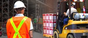Manufacturing plant workers with forklift, safety vest, hard hat and safety glasses