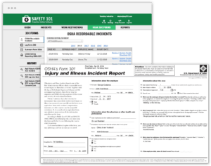 Two screens of Safety 101's software that show capability to generate all your OSHA 300 injury forms