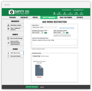 Add an work employee work restriction and upload a doctor's note to our safety software management system
