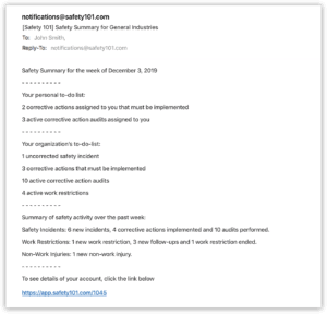 Safety 101's management system will send out an email that's weekly, bi-monthly, or monthly informing you of your organizations actions and activity that took place over the previous week
