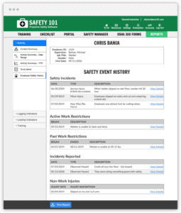 Store safety information for all your safety incidents, near misses, safety hazards, work restrictions and non-work injuries in our proactive safety software